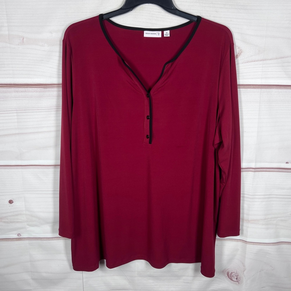Susan Graver Liquid Knit Top Women 3X Red Henley Blouse Long Sleeve Casual Solid